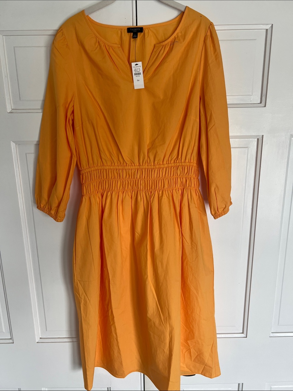 Talbots Bright Marigold V-Neck Smocked-Waist Midi Dress - Picture 2 of 3